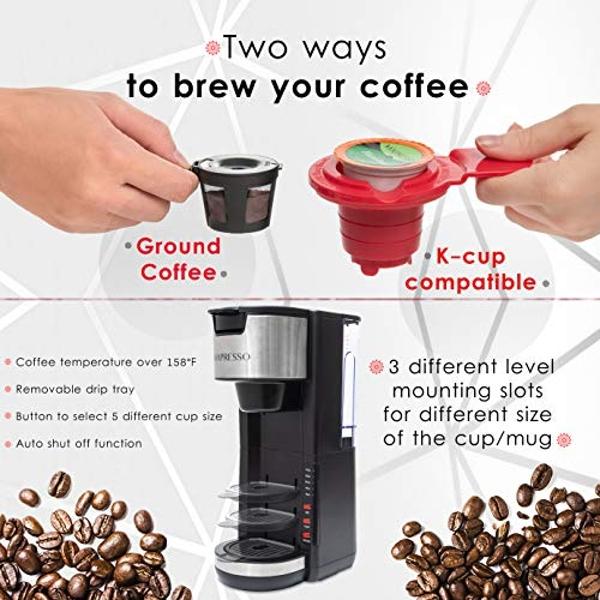 Mixpresso Single Serve Coffee Brewer K-Cup Pods Compatible & Ground Coffee, 30 oz Compact Coffee Maker Single Serve With 5 Brew Sizes Up To 14 Oz, Fits Travel Mug, Adjustable Drip 