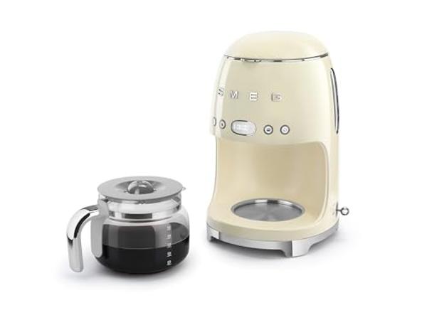 Smeg 50's Retro Style Aesthetic Drip Coffee Machine with 10 Cup Glass Carafe, Auto Start Feature, Keep Warm Plate, and Two Coffee Strength Settings (Cream)