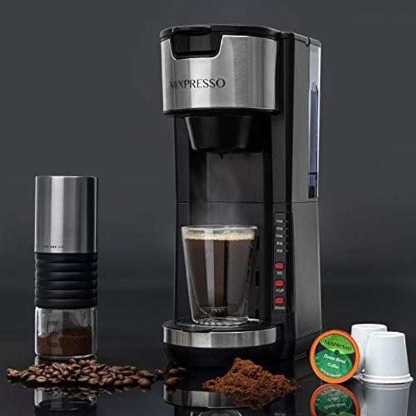 Mixpresso Single Serve Coffee Brewer K-Cup Pods Compatible & Ground Coffee, 30 oz Compact Coffee Maker Single Serve With 5 Brew Sizes Up To 14 Oz, Fits Travel Mug, Adjustable Drip 