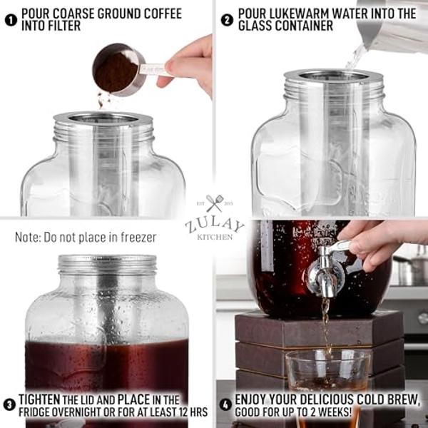 Zulay Kitchen 1 Gallon Cold Brew Coffee Maker – Glass Pitcher with Stainless Steel Filter, Airtight Lid & Spout – Large Iced Coffee & Tea Brewer for Refrigerator – Durable Extra-Th