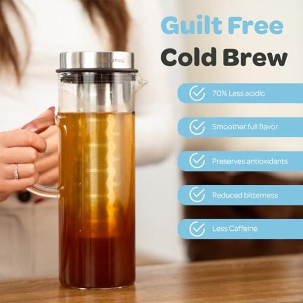 Cold Brew Coffee Maker - Large Glass Infusion Pitcher 1.6 Quarts 52oz - Iced Coffee & Iced Tea Pitcher with Stainless Steel Lid & Fruit Infusion Tube - Perfect for Home or Office