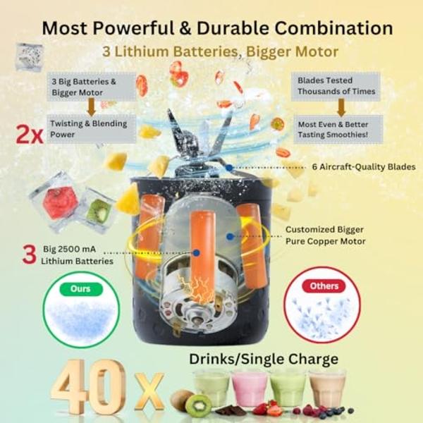 Portable blender, PopBabies Blender for Shakes and Smoothies with 3 Batteries 7500mah USB Rechargeable, Hot and Cold Dual Personal Blender Powerful and Durable 2nd Gen