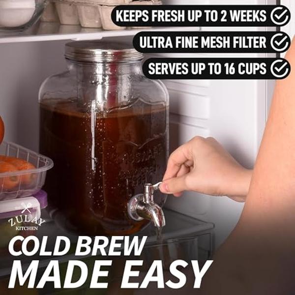 Zulay Kitchen 1 Gallon Cold Brew Coffee Maker – Glass Pitcher with Stainless Steel Filter, Airtight Lid & Spout – Large Iced Coffee & Tea Brewer for Refrigerator – Durable Extra-Th