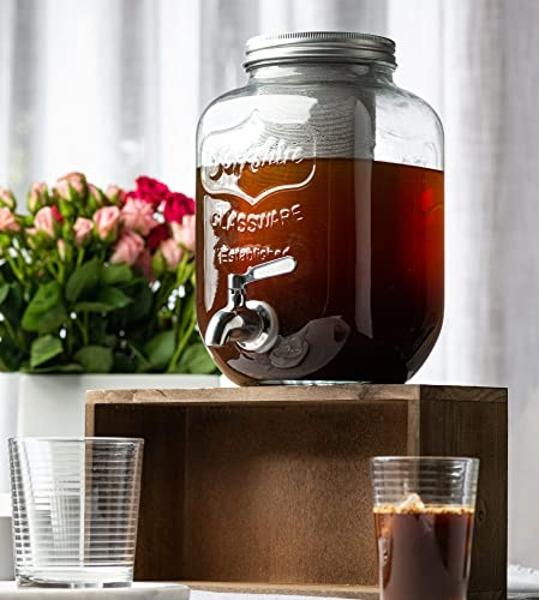 1 Gallon Cold Brew Coffee Maker - 3rd Generation Fine Mesh Filter - Stainless Steel Spigot - Extra Thick Large Glass Mason Jar Drink Dispenser Carafe, Iced Coffee Maker & Sun Tea P