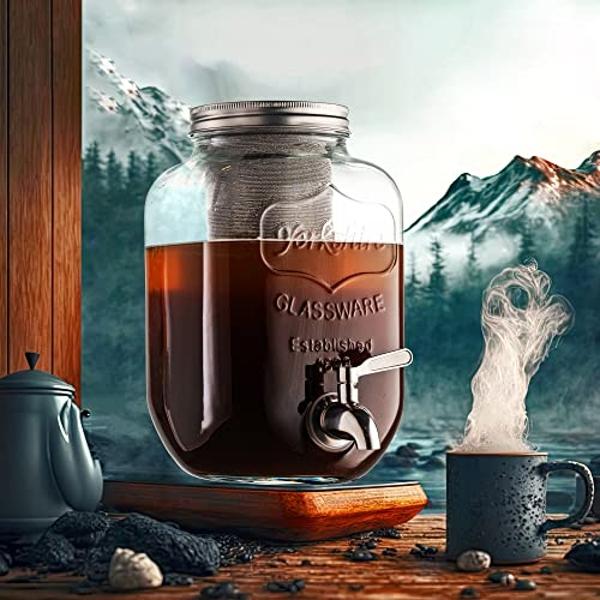 1 Gallon Cold Brew Coffee Maker - 3rd Generation Fine Mesh Filter - Stainless Steel Spigot - Extra Thick Large Glass Mason Jar Drink Dispenser Carafe, Iced Coffee Maker & Sun Tea P