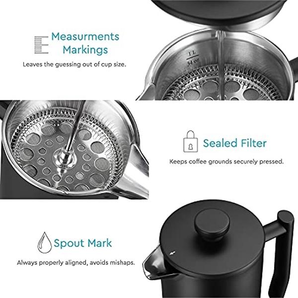Belwares French Press Coffee Maker 50 OZ - Large Insulated Stainless Steel 304 Coffee Press with Double Wall & 4-Level Filtration System (Black - 1.5L)