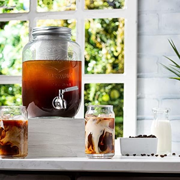 1 Gallon Cold Brew Coffee Maker - 3rd Generation Fine Mesh Filter - Stainless Steel Spigot - Extra Thick Large Glass Mason Jar Drink Dispenser Carafe, Iced Coffee Maker & Sun Tea P