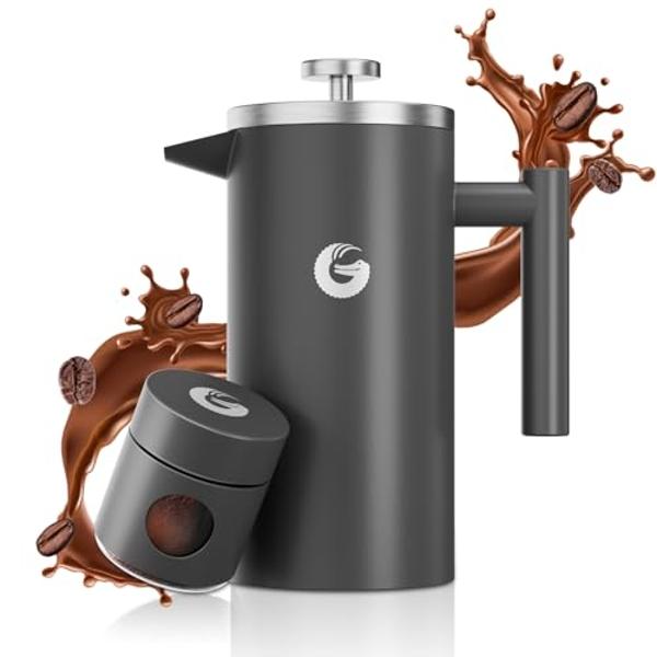 Coffee Gator French Press Coffee Maker - 34oz Double Insulated Stainless Steel Brewer plus Travel Jar Canister, Portable Hot Cold Brew Teapot Cafetera for Coffee Bar Accessories Ki