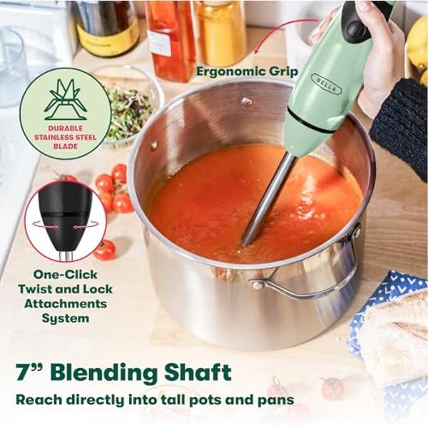 bella Immersion Blender, Portable Mixer and Emulsifier with Whisk Attachment, 2 Speed, Electric Handheld Juicer, Shakes, Baby Food and Smoothie Maker, Stainless Steel, BPA Free, 25