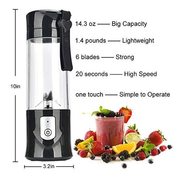 Portable Blender,Toycol Mini Personal Size Blenders for Smoothies and Shakes,USB Travel Juicer Cup Fruit Juice Mixer with 6 Updated Blades,usb Blender 13.5Oz Bottle (Black)