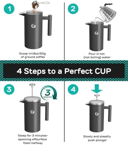 Coffee Gator French Press Coffee Maker - 34oz Double Insulated Stainless Steel Brewer plus Travel Jar Canister, Portable Hot Cold Brew Teapot Cafetera for Coffee Bar Accessories Ki