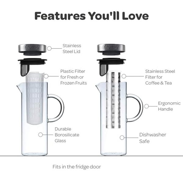 Cold Brew Coffee Maker - Large Glass Infusion Pitcher 1.6 Quarts 52oz - Iced Coffee & Iced Tea Pitcher with Stainless Steel Lid & Fruit Infusion Tube - Perfect for Home or Office