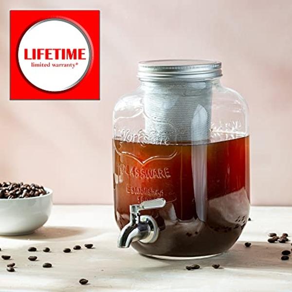 1 Gallon Cold Brew Coffee Maker - 3rd Generation Fine Mesh Filter - Stainless Steel Spigot - Extra Thick Large Glass Mason Jar Drink Dispenser Carafe, Iced Coffee Maker & Sun Tea P