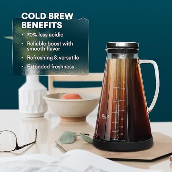 OVALWARE Airtight Cold Brew Iced Coffee Maker Pitcher (& Iced Tea Maker) with Spout – 1.5L/ 51oz Brewing Glass Carafe with Removable Stainless Steel Filter