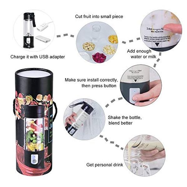 Portable Blender,Toycol Mini Personal Size Blenders for Smoothies and Shakes,USB Travel Juicer Cup Fruit Juice Mixer with 6 Updated Blades,usb Blender 13.5Oz Bottle (Black)