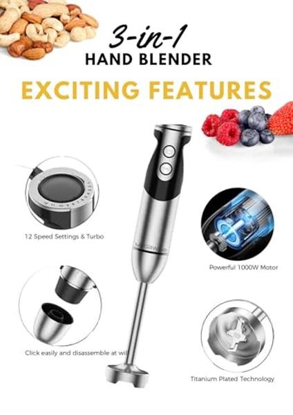 Keylitos 5 in1 Immersion Hand Blender, Powerful 12 Speed Handheld Stick Blender with 304 Stainless Steel Blades, Chopper, Beaker, Whisk and Milk Frother for Smoothie, Baby Food, Sa