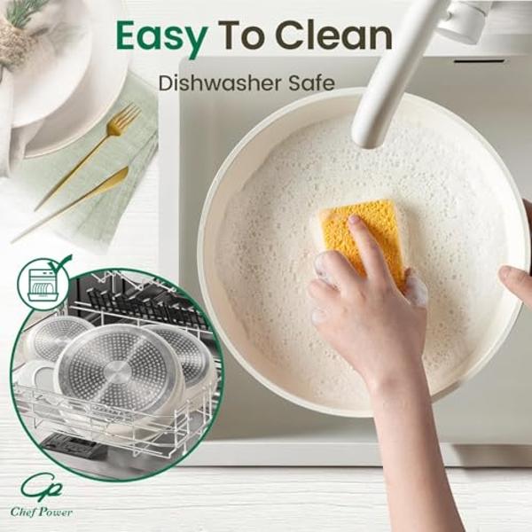 Chef Power Ceramic Cookware Set Non Toxic with Detachable Handles, Healthy Nonstick Pans and Pots Set 19 Pcs, Induction Dishwasher Oven Safe Kitchen Set, PFAS PFOA & PTFE Free, Cre