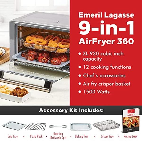 Emeril Lagasse Everyday 360 Stainless Steel Air Fryer, 360° Quick Cook Technology, XL capacity, 9-in-1, 12 Pre-Set Cooking Functions including Bake, Rotisserie, Broil, Pizza, Slow 