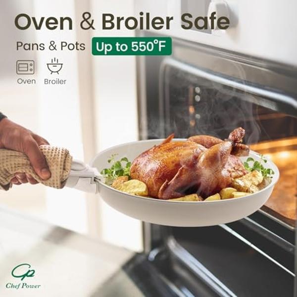 Chef Power Ceramic Cookware Set Non Toxic with Detachable Handles, Healthy Nonstick Pans and Pots Set 19 Pcs, Induction Dishwasher Oven Safe Kitchen Set, PFAS PFOA & PTFE Free, Cre