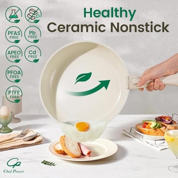 Chef Power Ceramic Cookware Set Non Toxic with Detachable Handles, Healthy Nonstick Pans and Pots Set 19 Pcs, Induction Dishwasher Oven Safe Kitchen Set, PFAS PFOA & PTFE Free, Cre