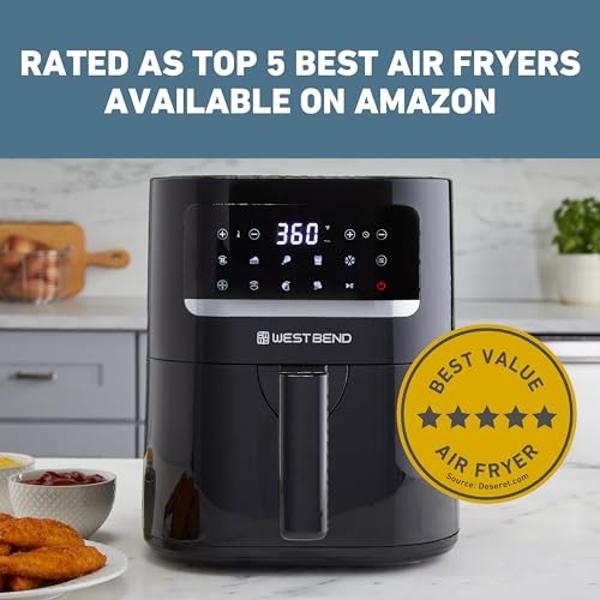 West Bend Compact Air Fryer 5-Quart Capacity with Digital Controls and 10 Cooking Presets, Nonstick Frying Basket, 1500-Watts, Black