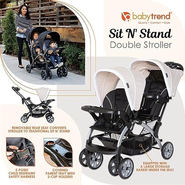 Baby Trend Infant and Toddler Double Stroller & 2 Car Seat Combo, 3 Pc Set, Khaki - Portable and Lightweight Stroller Duo and Car Seat Travel System Tandem
