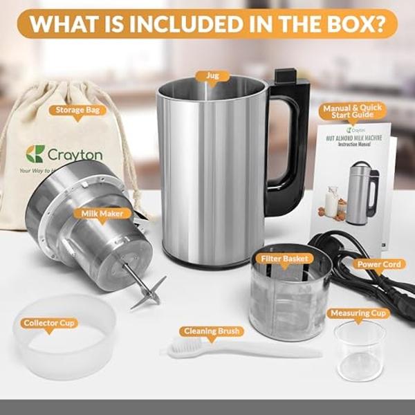 Crayton Nut Milk Maker Machine with Built-in Strainer, 51oz/ 1.5L Stainless Steel Almond Milk Maker for Soy, Almond, Oat, Cashew Nut Milks & More, 7-in-1 Multi-Functional, 6-7 Cups