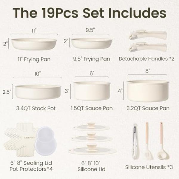 Chef Power Ceramic Cookware Set Non Toxic with Detachable Handles, Healthy Nonstick Pans and Pots Set 19 Pcs, Induction Dishwasher Oven Safe Kitchen Set, PFAS PFOA & PTFE Free, Cre