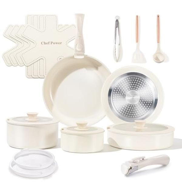 Chef Power Ceramic Cookware Set Non Toxic with Detachable Handles, Healthy Nonstick Pans and Pots Set 19 Pcs, Induction Dishwasher Oven Safe Kitchen Set, PFAS PFOA & PTFE Free, Cre