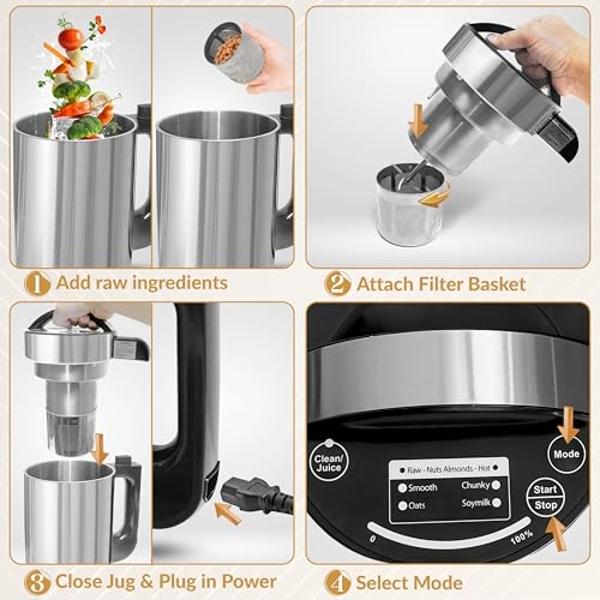 Crayton Nut Milk Maker Machine with Built-in Strainer, 51oz/ 1.5L Stainless Steel Almond Milk Maker for Soy, Almond, Oat, Cashew Nut Milks & More, 7-in-1 Multi-Functional, 6-7 Cups