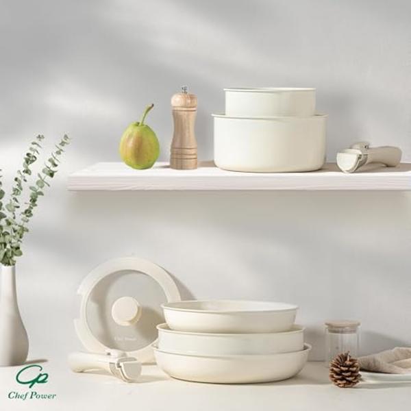 Chef Power Ceramic Cookware Set Non Toxic with Detachable Handles, Healthy Nonstick Pans and Pots Set 19 Pcs, Induction Dishwasher Oven Safe Kitchen Set, PFAS PFOA & PTFE Free, Cre