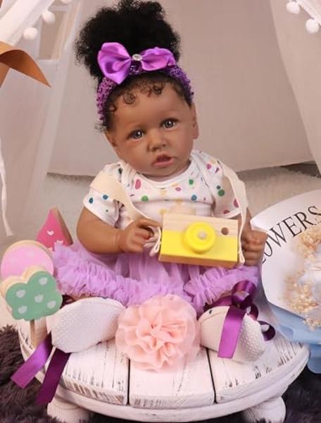 HOOMAI Lifelike Reborn Baby Dolls with Soft Body African American Realistic Girl Doll 22.8 Inch Best Birthday Gift Set