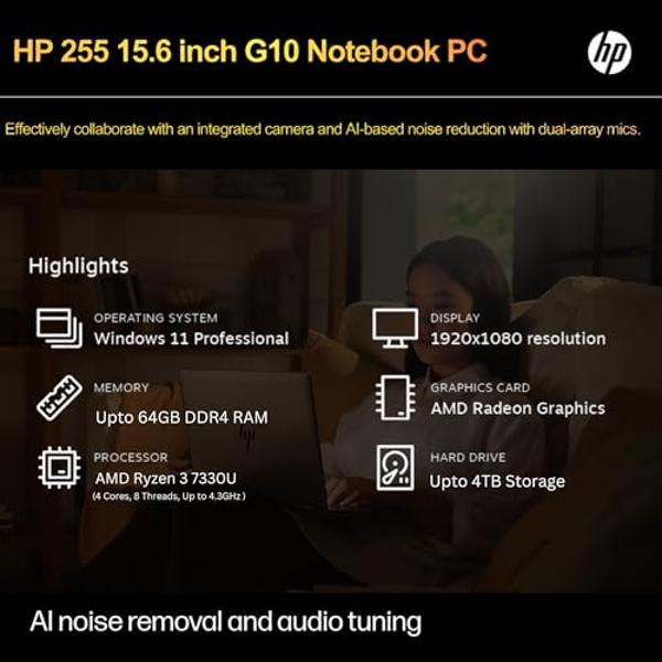HP 255 G10 Laptop for Home or Work, 16GB RAM, 1TB SSD, 15.6" Full HD, Ryzen 3 7330U (Beat Intel i5-1135G7), HDMI, USB-C, Windows 11 Pro, Business and Fun Ready