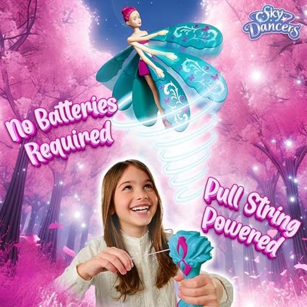 Sky Dancers Turquoise Twinkle – The Original Flying Doll Toy – Pull String Powered, Use Indoors or Outdoors, No Batteries Required, Gift for Kids 6+