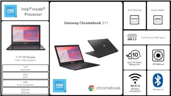 Acer Gateway Chromebook 311 CBO311-1H-C1MX Laptop | Intel Celeron N4500 | 11.6" HD (1366 x 768) Display | 4GB LPDDR4X | 64GB eMMC | Wi-Fi 5 802.11ac | Chrome OS | Star Black