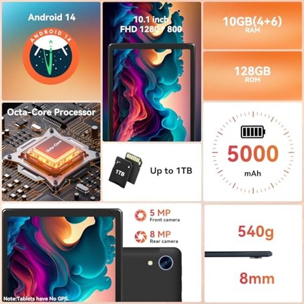 Tablet,10.1" Android Tablet with Octa-core Processor 10GB RAM 128GB ROM HD IPS Touchscreen 8H Battery, Wi-Fi 6, BT 5.0, Dual Camera, Google Tablets 2025