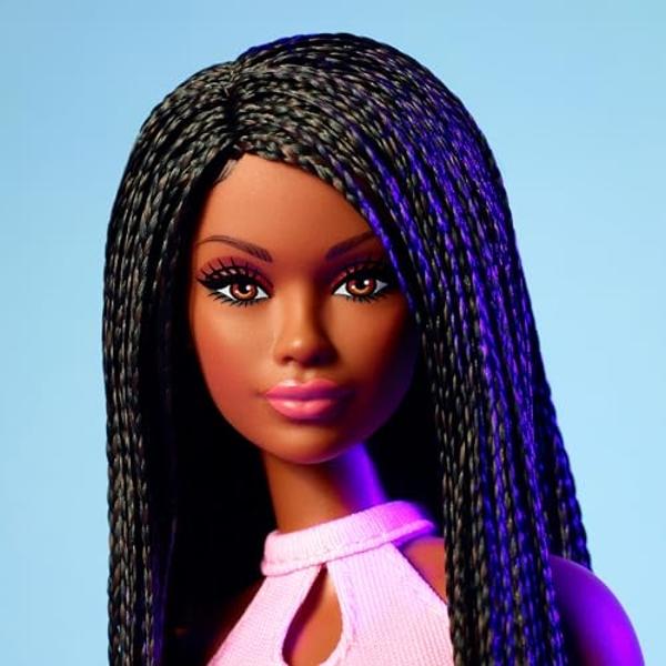 Barbie Looks Doll, Collectible No. 21 with Black Braids & Modern Y2K Fashion, Pink Halter Top & Faux-Leather Skirt with Ankle Boots