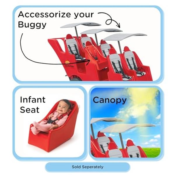 Children’s Factory Bye Bye Buggy 6 Passenger Stroller, Sturdy Daycare Stroller with Fat Tires, Easy-to-Fasten Safety Buckles, Parking Brake, & 360 Pivoting Wheels, Red