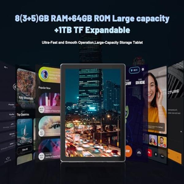 Android Tablet, 10.1 inch Tablets with 1280 * 800 IPS HD Touchscreen, Octa-Core Processor, 8(3+5) GB RAM 64GB ROM, 1TB TF Card Expandable, 5G/2.4G WiFi, BT 5.0,Dual Camera, Google 