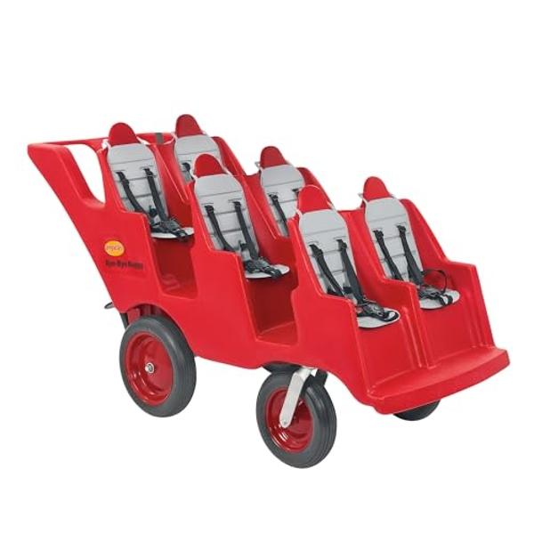 Children’s Factory Bye Bye Buggy 6 Passenger Stroller, Sturdy Daycare Stroller with Fat Tires, Easy-to-Fasten Safety Buckles, Parking Brake, & 360 Pivoting Wheels, Red