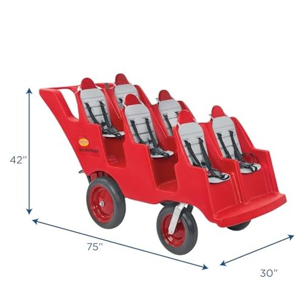 Children’s Factory Bye Bye Buggy 6 Passenger Stroller, Sturdy Daycare Stroller with Fat Tires, Easy-to-Fasten Safety Buckles, Parking Brake, & 360 Pivoting Wheels, Red