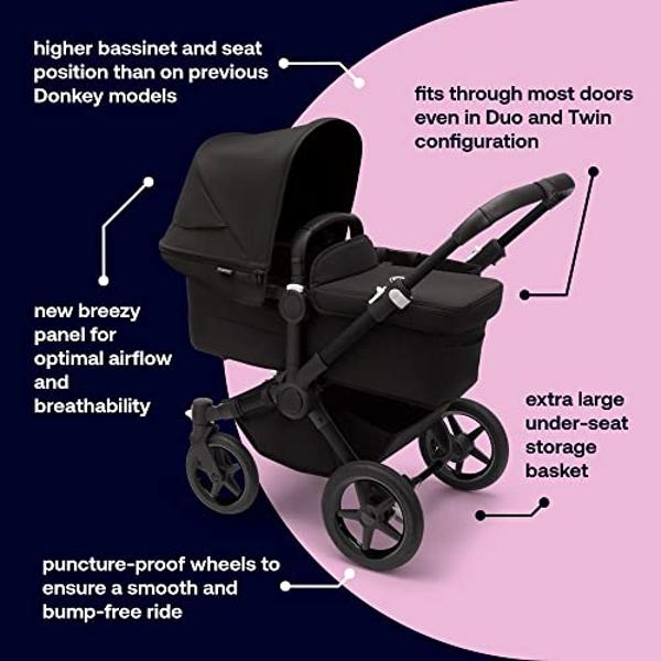 Bugaboo Donkey 5 Mono Complete - Single Stroller Converts to Side-by-Side Double Stroller, Multiple Seat Positions - Alu/Midnight Black-Midnight Black