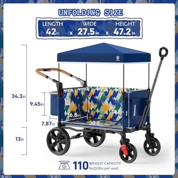 EVER ADVANCED Side-Unzip Wagon Stroller for 2 Kids, Push Pull Stroller with Adjustable Handle, Easy Access Zipper Door, 5-Point Harness, UV-Protection Canopy Shock-Absorbing Wheels