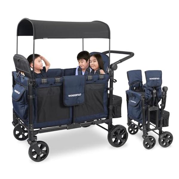 WONDERFOLD W4 Elite Stroller Wagon (4 Seater) - Collapsible Wagon Stroller with Seats with 5-Point Harnesses, Adjustable Push Handle, and Removable UV Sun Canopy, Noble Navy