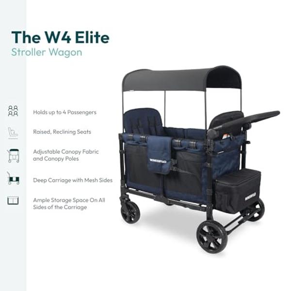 WONDERFOLD W4 Elite Stroller Wagon (4 Seater) - Collapsible Wagon Stroller with Seats with 5-Point Harnesses, Adjustable Push Handle, and Removable UV Sun Canopy, Noble Navy