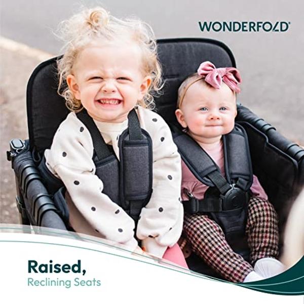WONDERFOLD W4 Elite Stroller Wagon (4 Seater) - Collapsible Wagon Stroller with Seats with 5-Point Harnesses, Adjustable Push Handle, and Removable UV Sun Canopy, Noble Navy