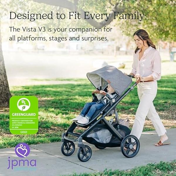 UPPAbaby Vista V3 Stroller - Full-Size Single-to-Double Stroller System - Toddler Seat, Bug Shield, Rain Shield, and Storage Bag Included - Greyson (Charcoal Mélange/Carbon Frame/S