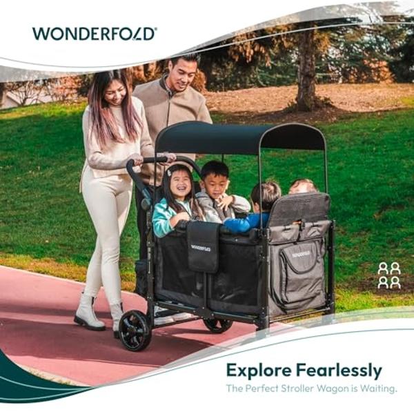 WONDERFOLD W4 Elite Stroller Wagon (4 Seater) - Collapsible Wagon Stroller with Seats with 5-Point Harnesses, Adjustable Push Handle, and Removable UV Sun Canopy, Noble Navy