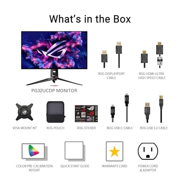 ASUS ROG Swift 32” 4K OLED Gaming Monitor (PG32UCDP) - WOLED, Dual Mode (4K 240Hz, FHD 480Hz), 0.03ms, G-SYNC Compatible, Custom Heatsink, AI Gaming, 99% DCI-P3,True 10-bit, USB-C 