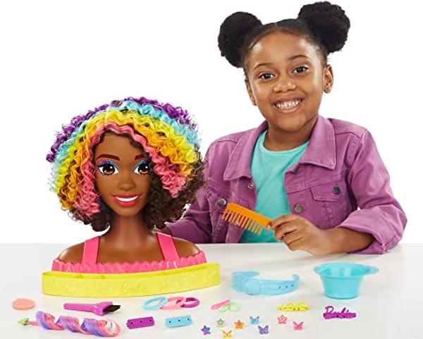 Barbie Totally Hair Styling Doll Head & 20+ Accessories, Color Reveal & Color-Change Pieces, Curly Brown Neon Rainbow Hair